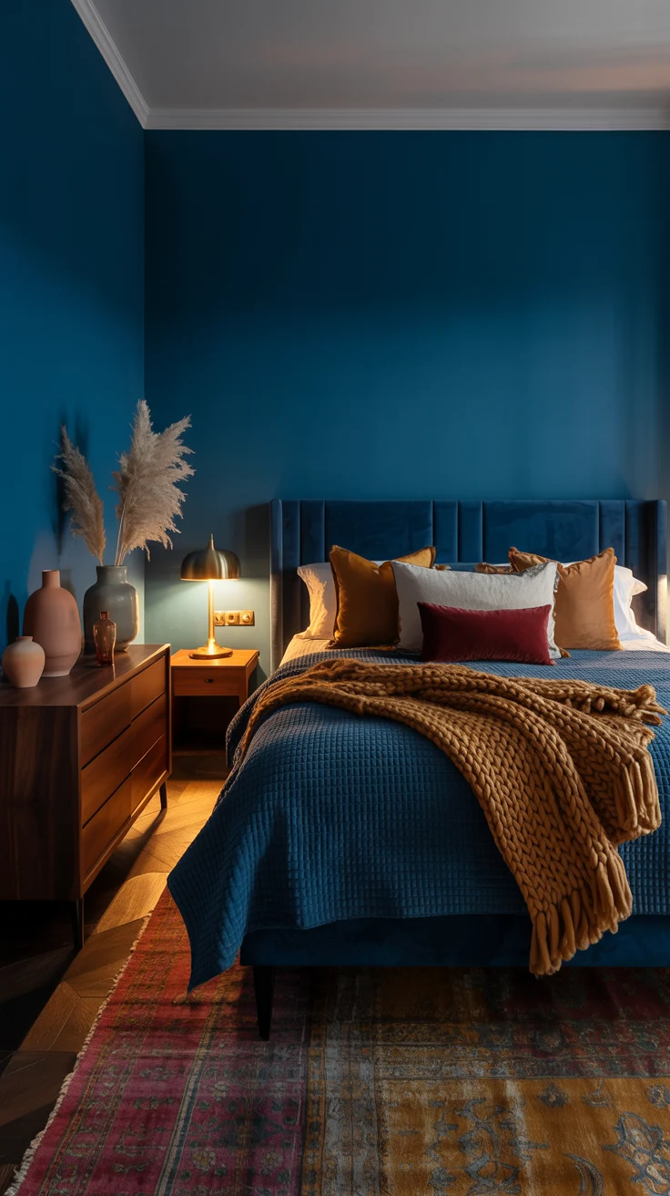 blue bedroom with stylish layered decor