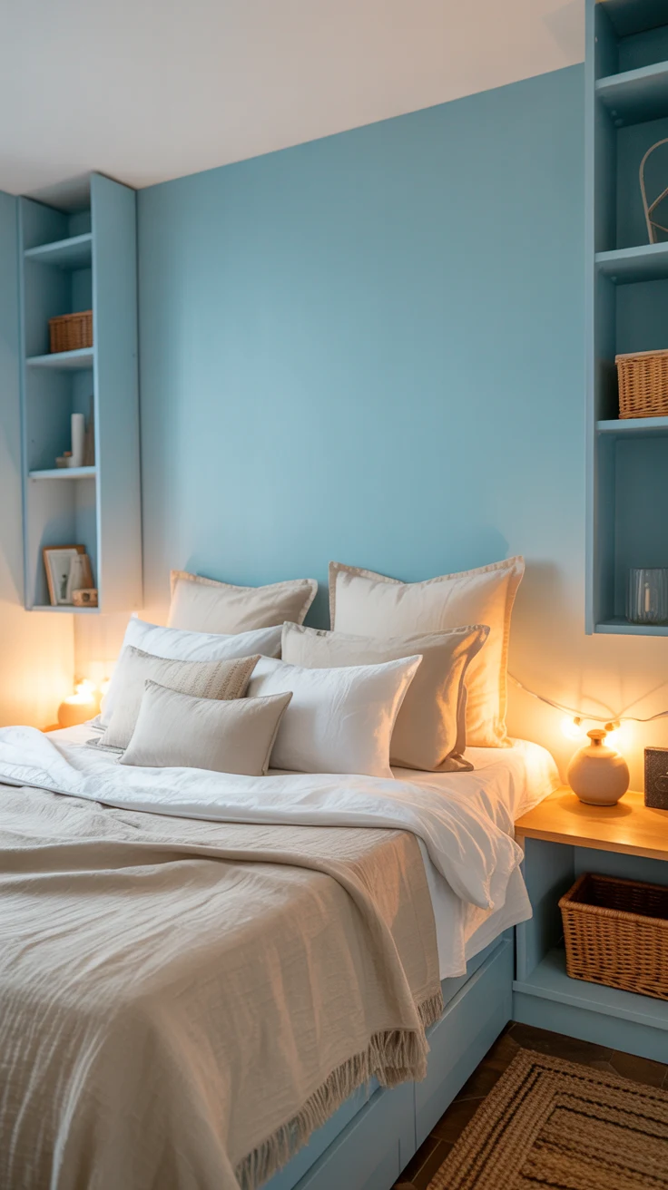 blue bedroom with stylish layered decor 