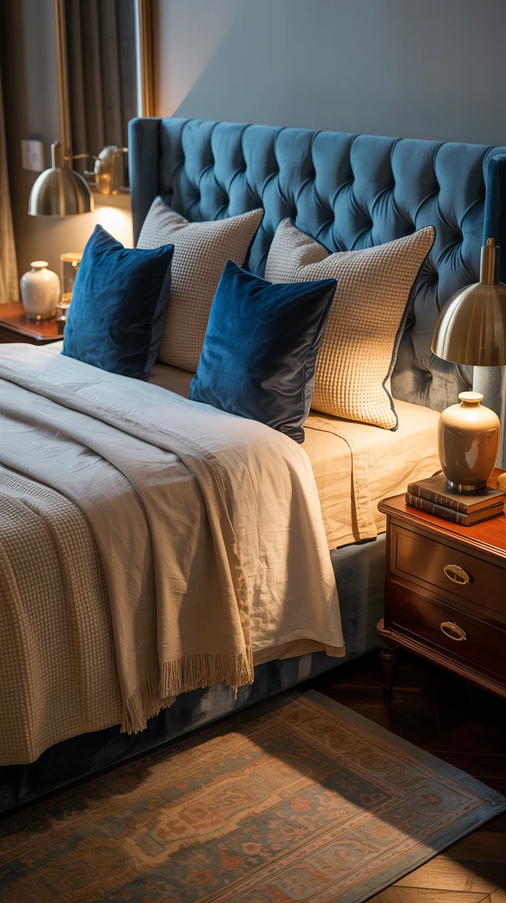 blue bedroom with stylish layered decor 