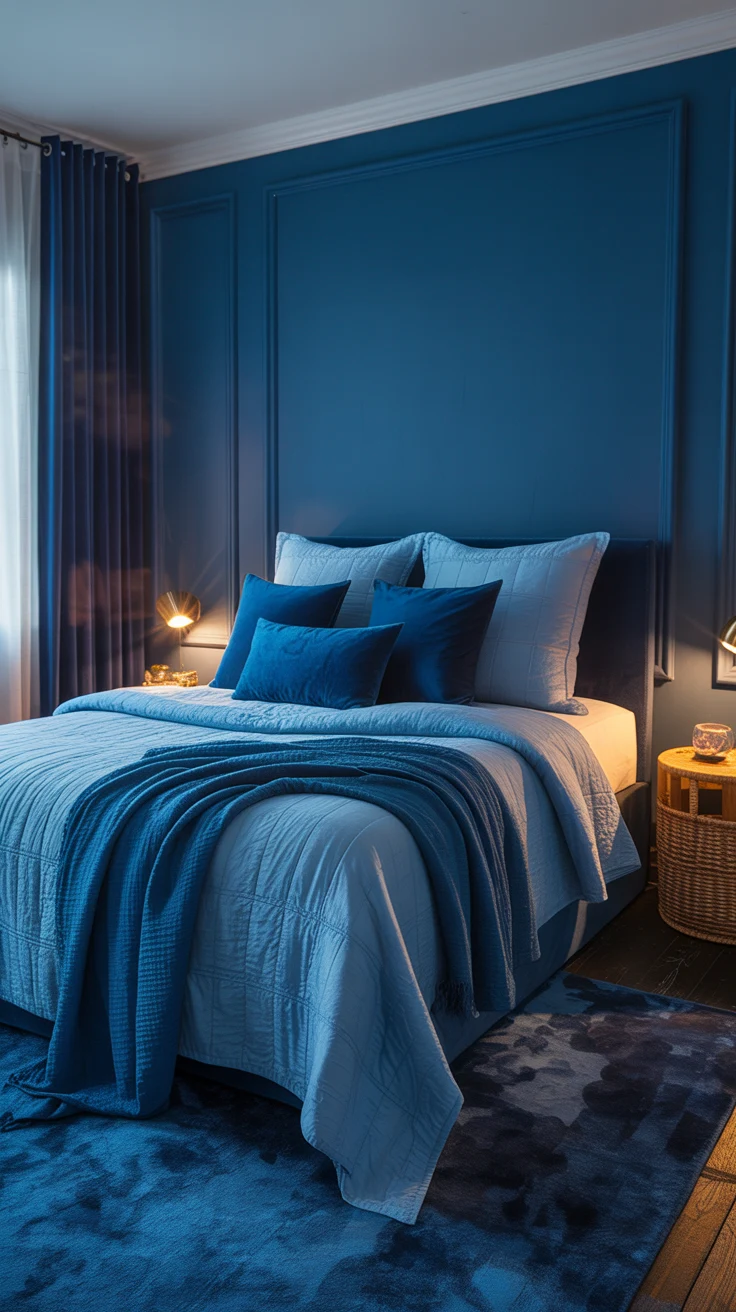 blue bedroom with stylish layered decor