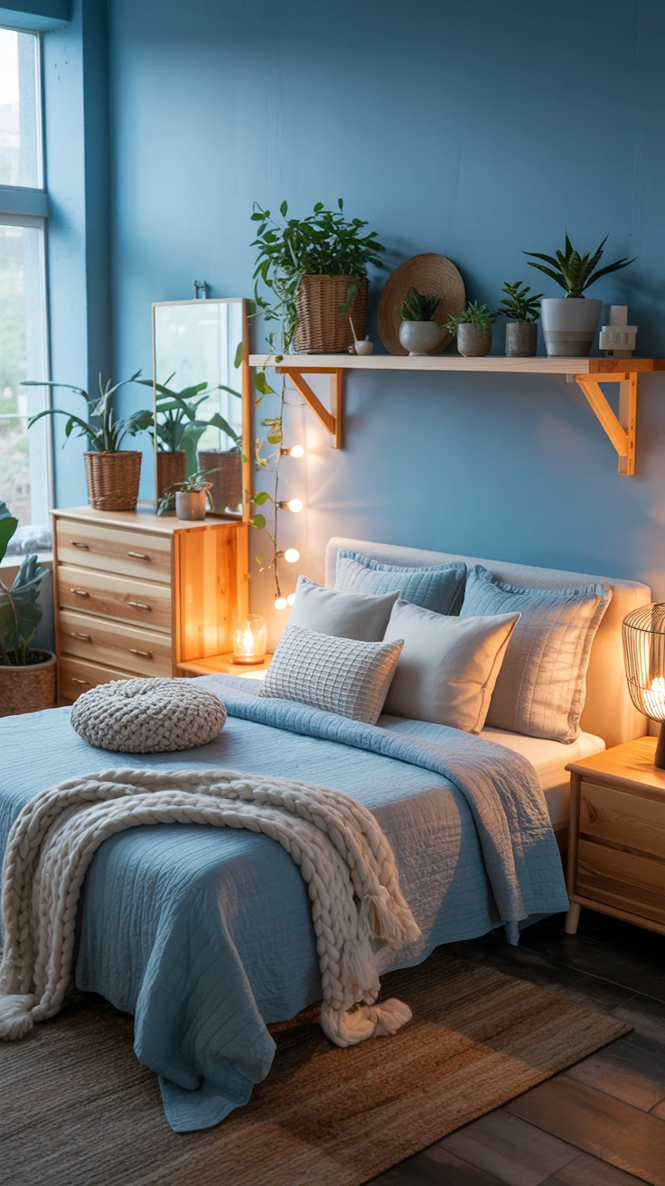 blue bedroom with stylish layered decor 