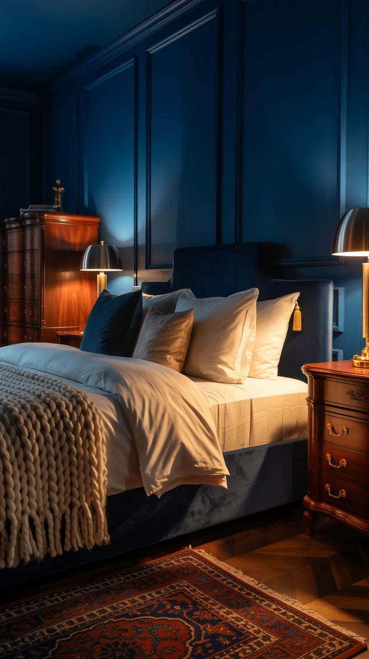 blue bedroom with stylish layered decor 