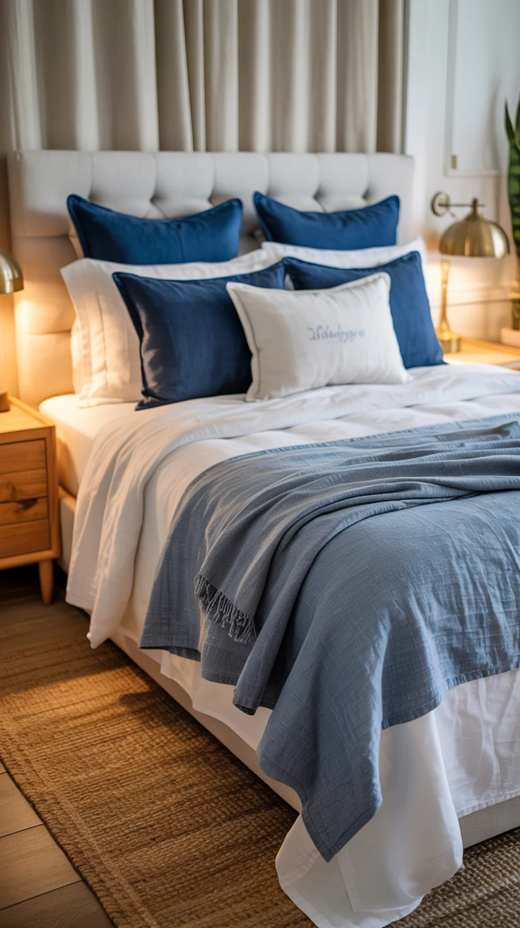 blue bedroom with stylish layered decor 