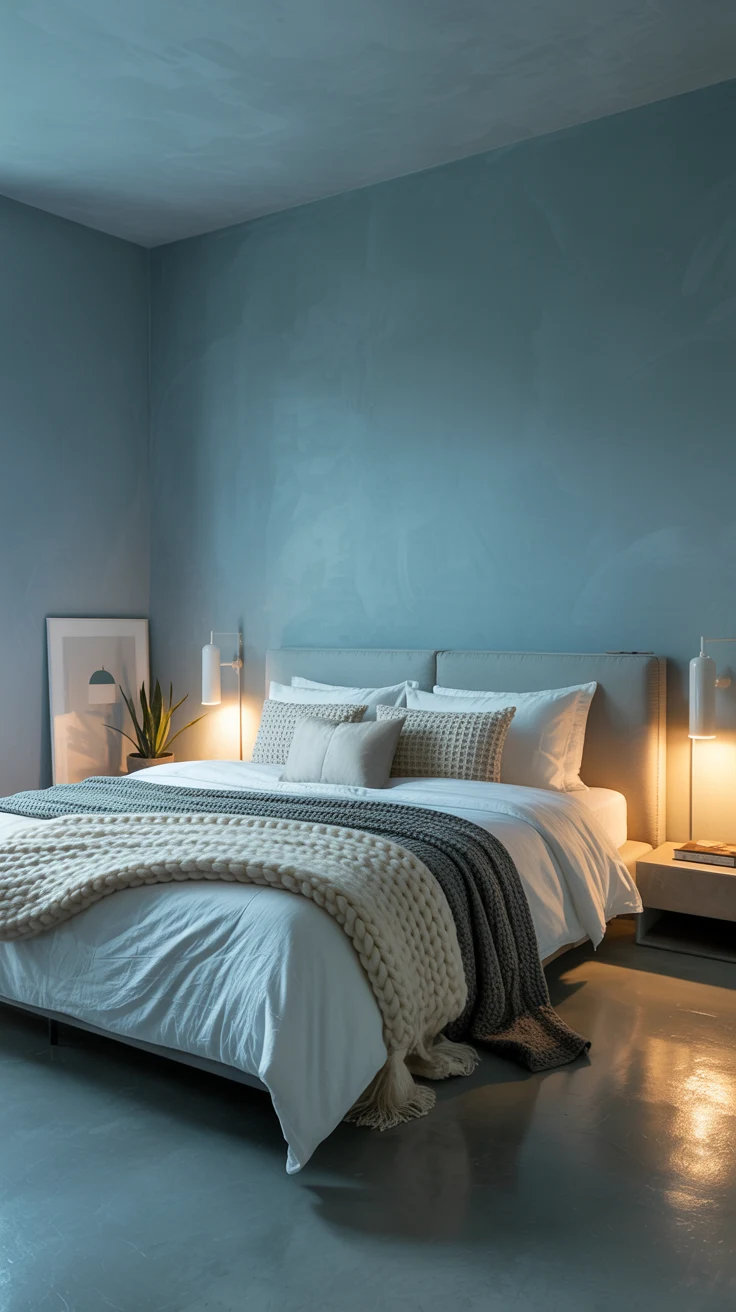 blue bedroom with stylish layered decor 