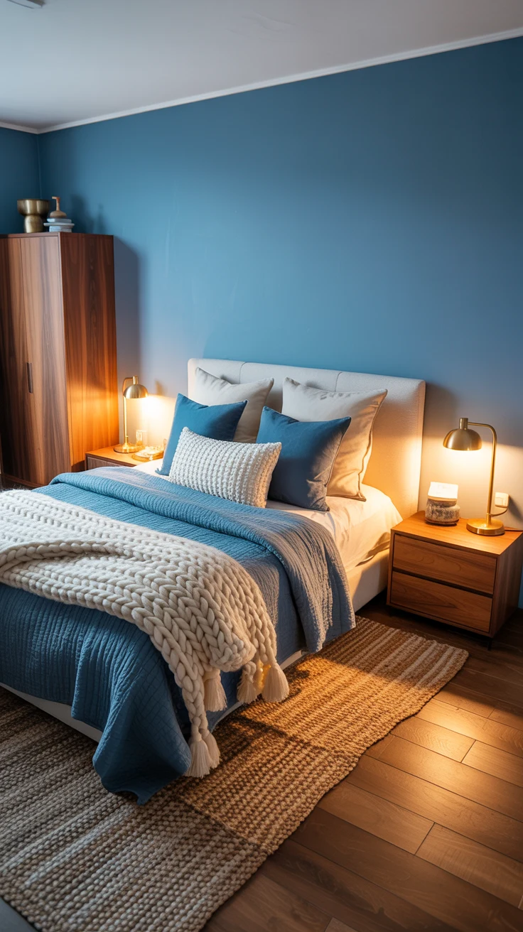blue bedroom with stylish layered decor 