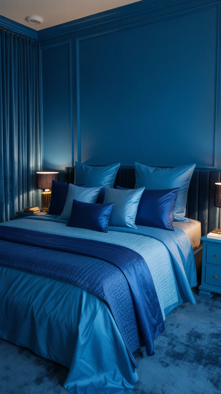 blue bedroom with stylish layered decor 