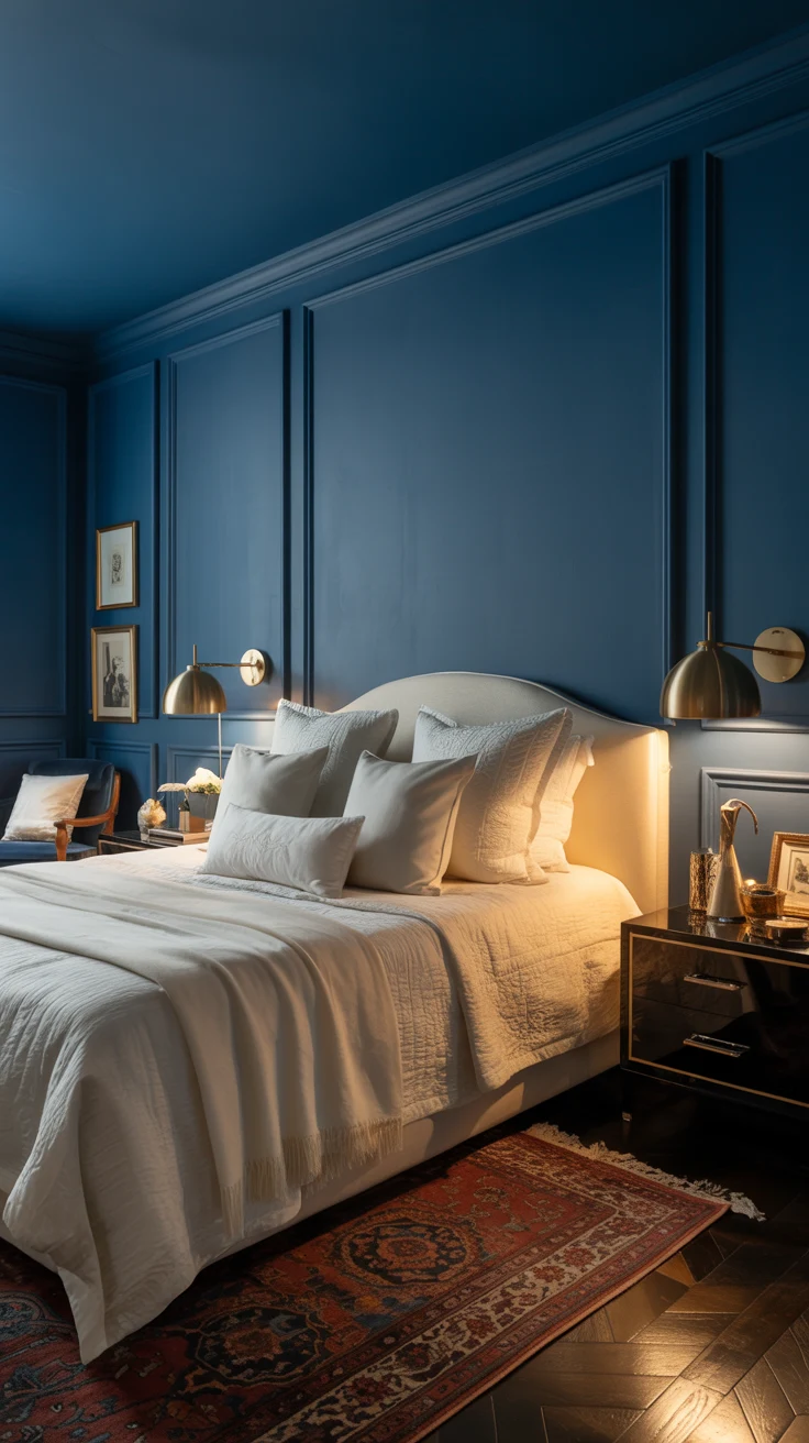 blue bedroom with stylish layered decor 