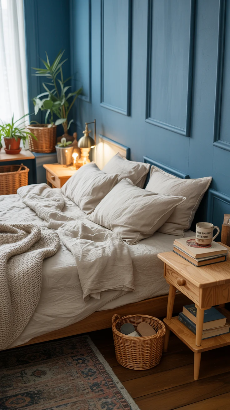 blue bedroom with stylish layered decor 