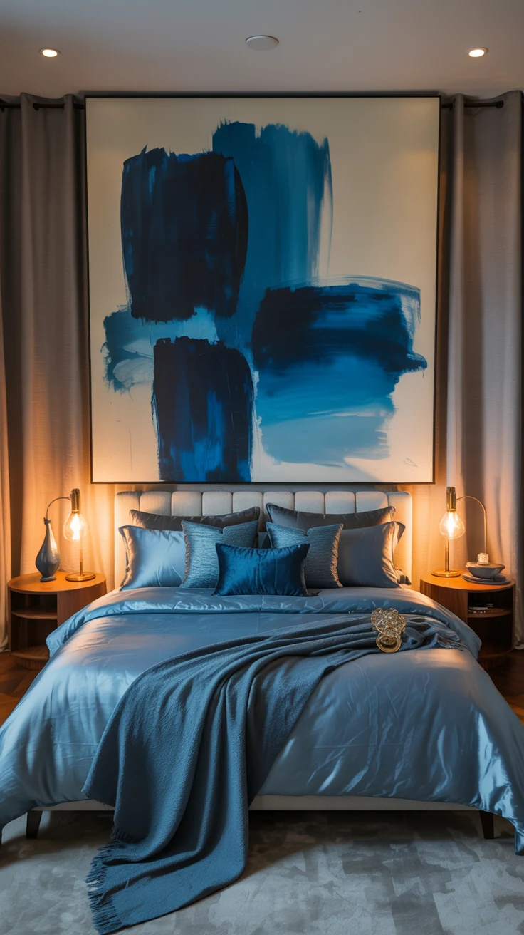 blue bedroom with stylish layered decor 