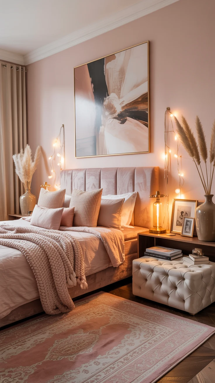 blush pink bedroom with elegant decor