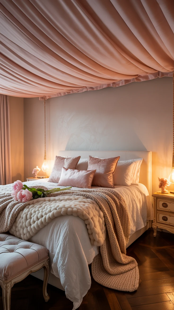 blush pink bedroom with elegant decor