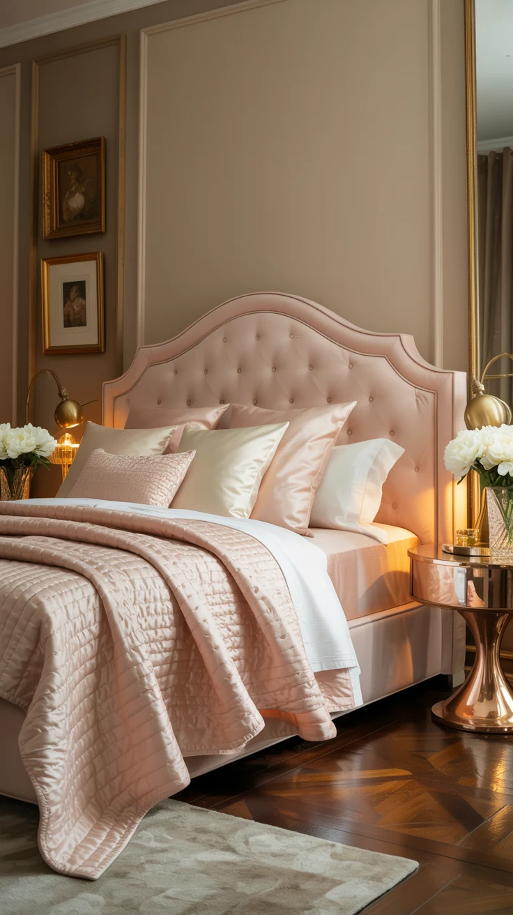 blush pink bedroom with elegant decor