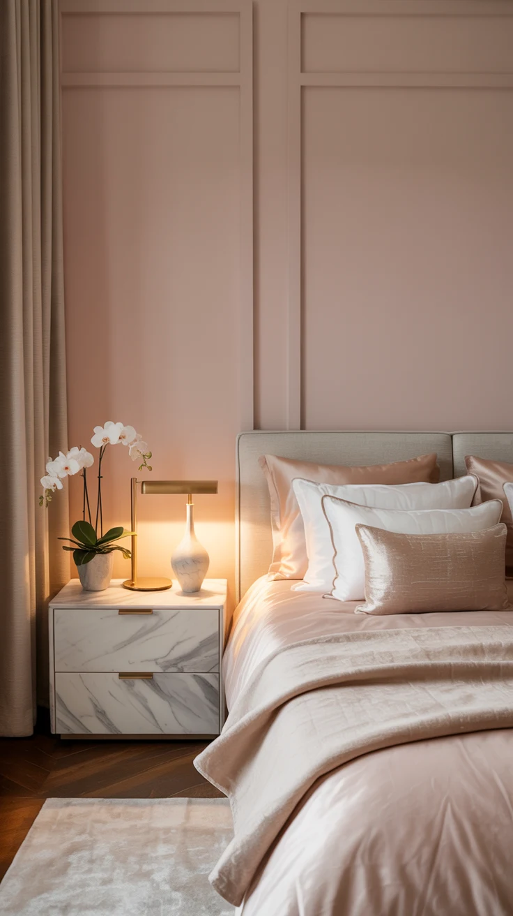 blush pink bedroom with elegant decor