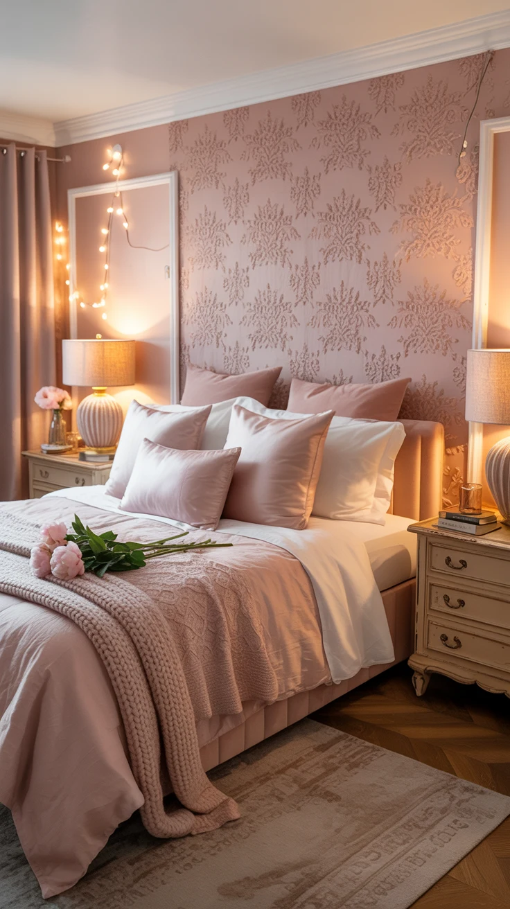 blush pink bedroom with elegant decor