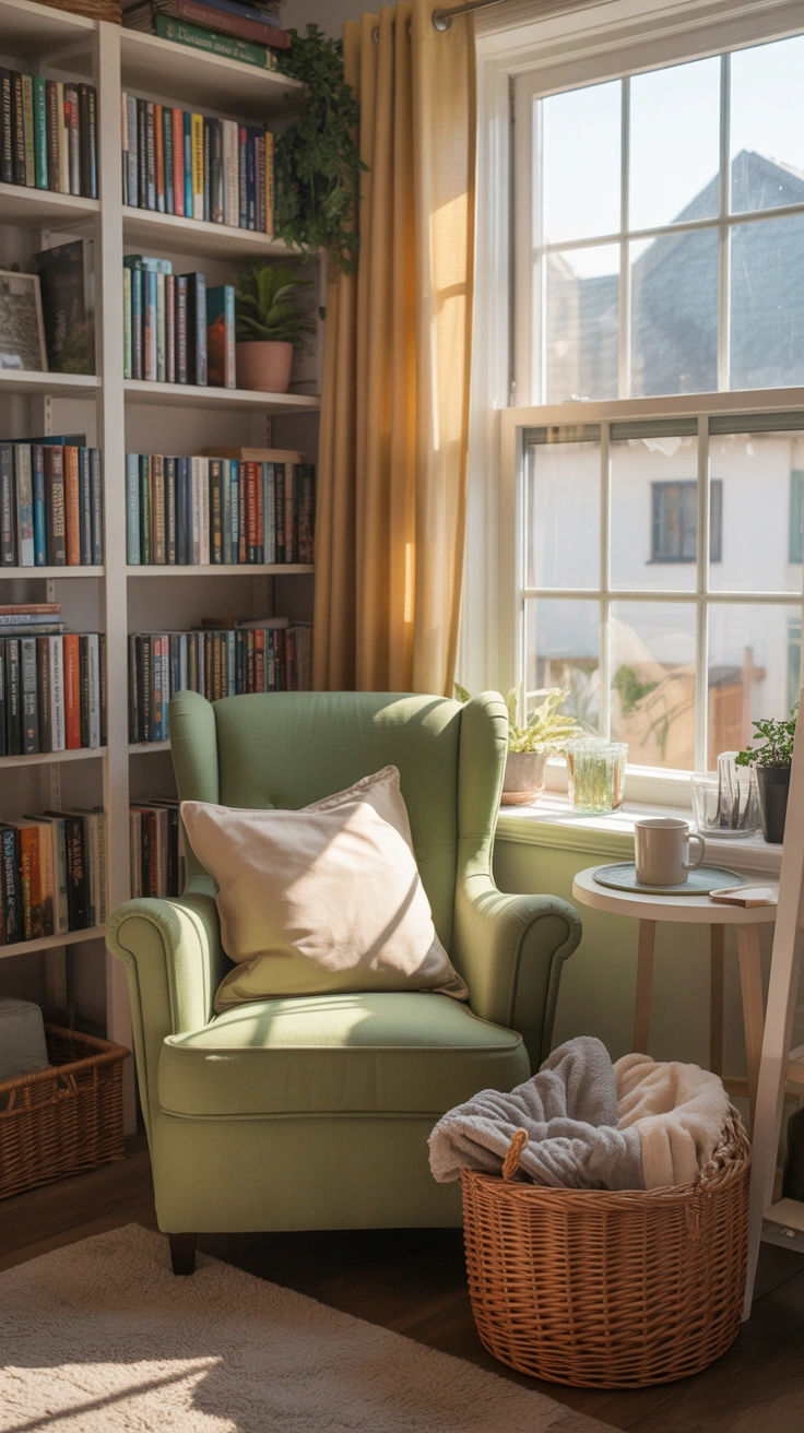 cozy reading nook with a armchair and bookshelves