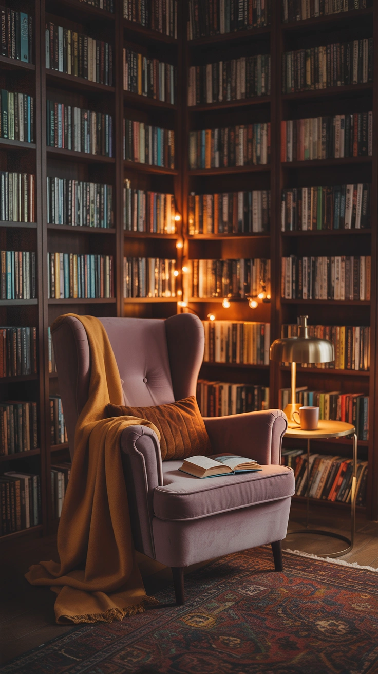 cozy reading nook with a armchair and bookshelves