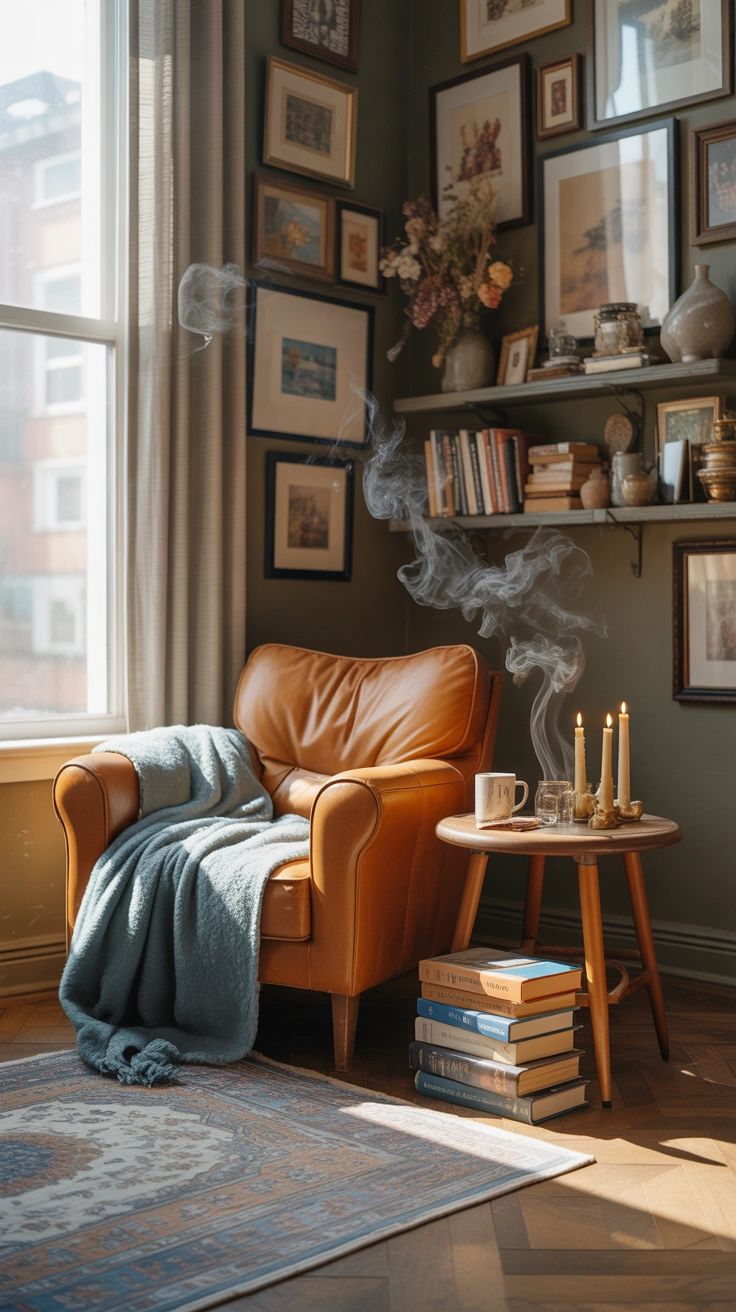 cozy reading nook with a armchair and bookshelves