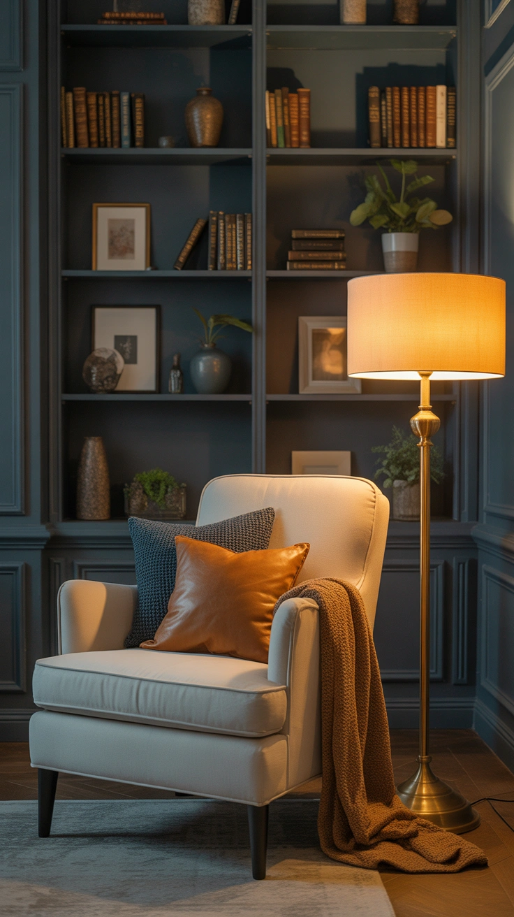 cozy reading nook with a armchair and bookshelves