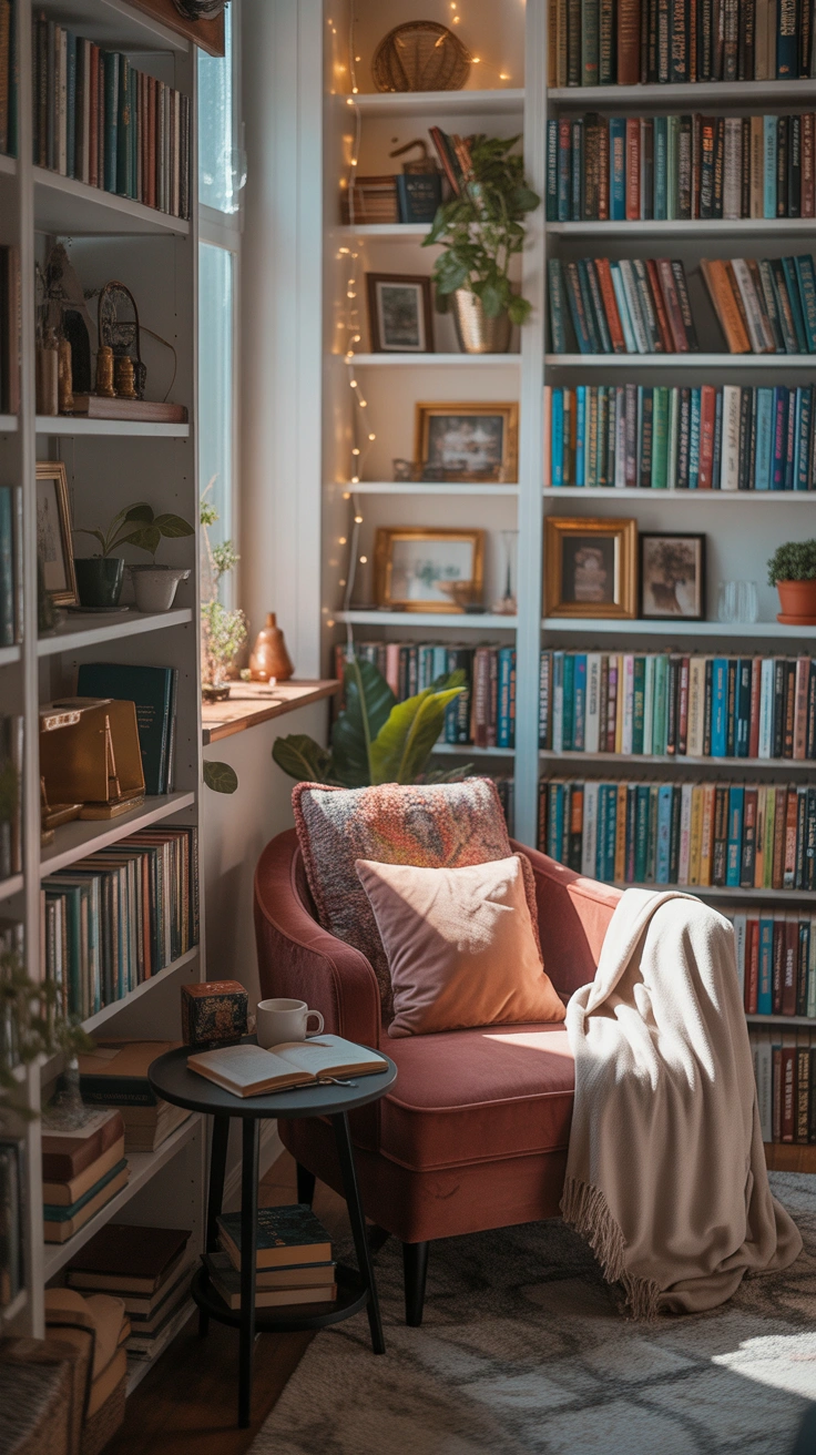 cozy reading nook with a armchair and bookshelves