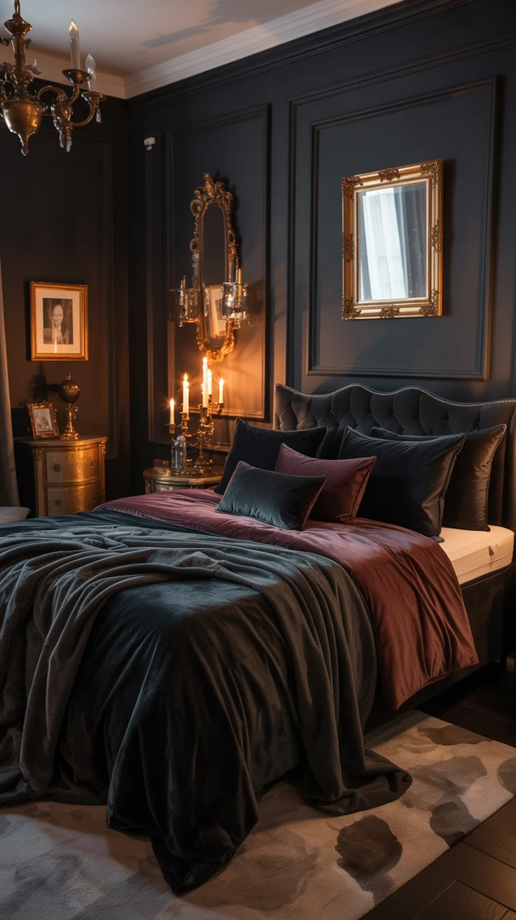 dark feminine bedroom with moody decor
