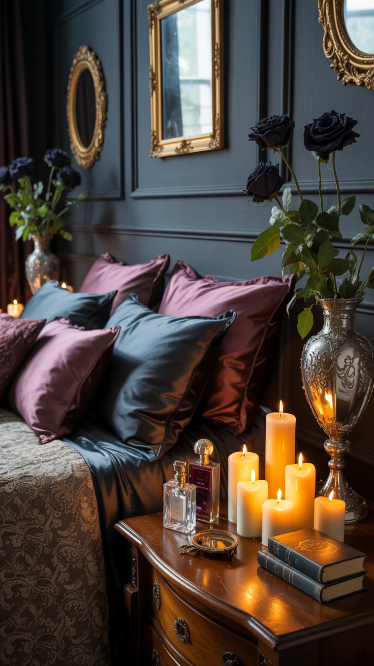 dark feminine bedroom with moody decor