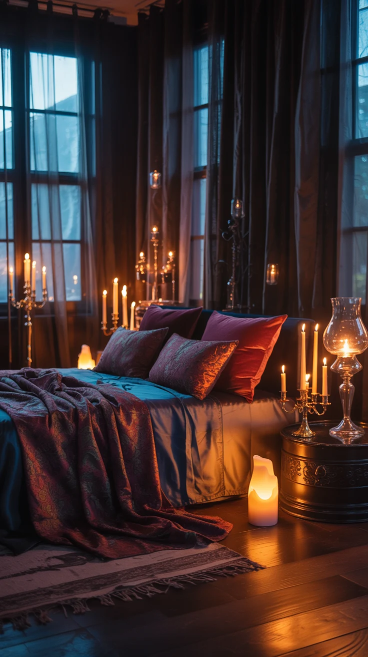 dark feminine bedroom with moody decor
