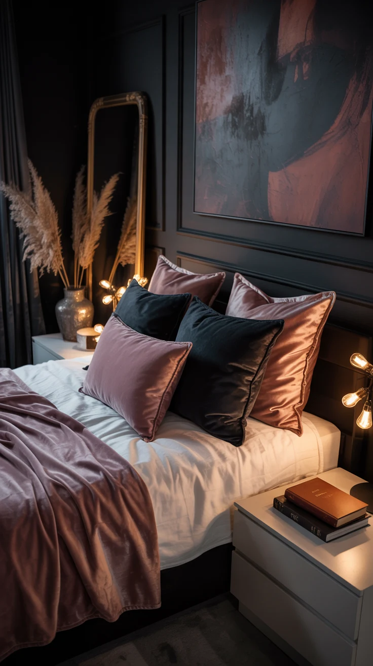 dark feminine bedroom with moody decor