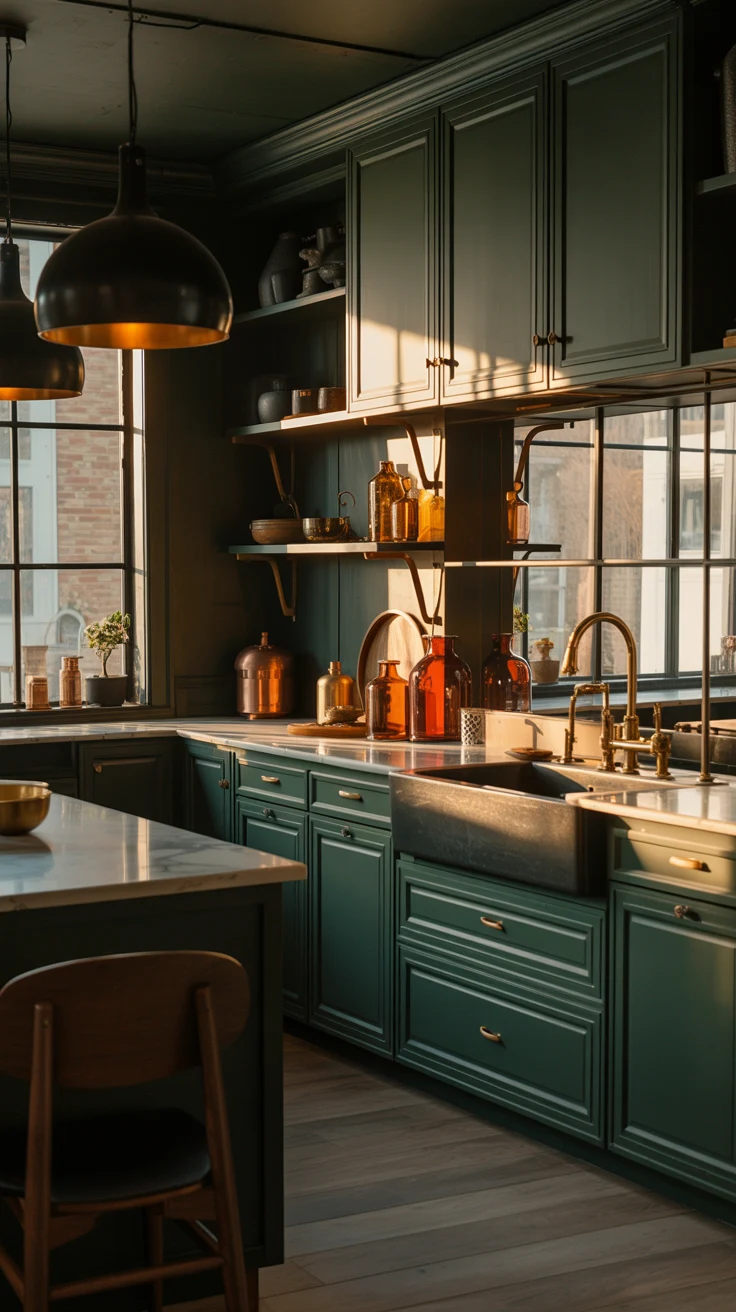 dark kitchen with dramatic cozy luxury styling