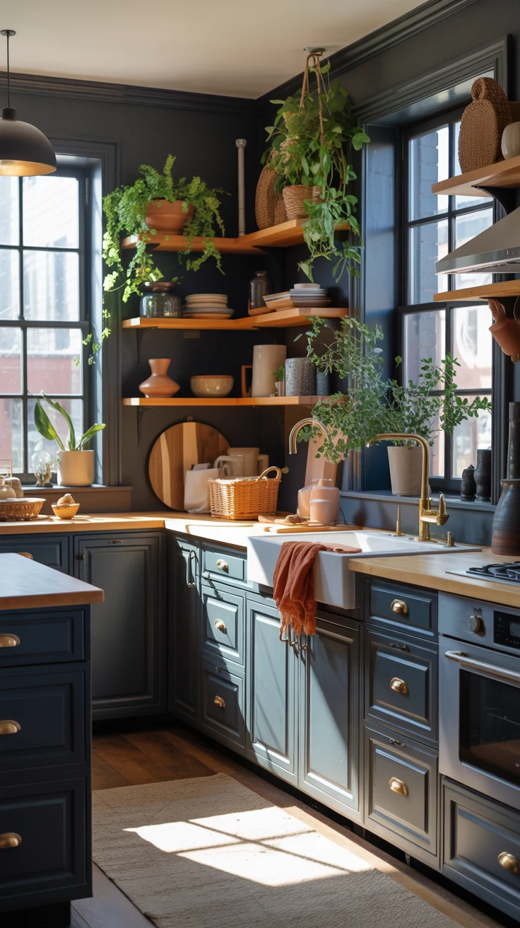 dark kitchen with dramatic cozy luxury styling