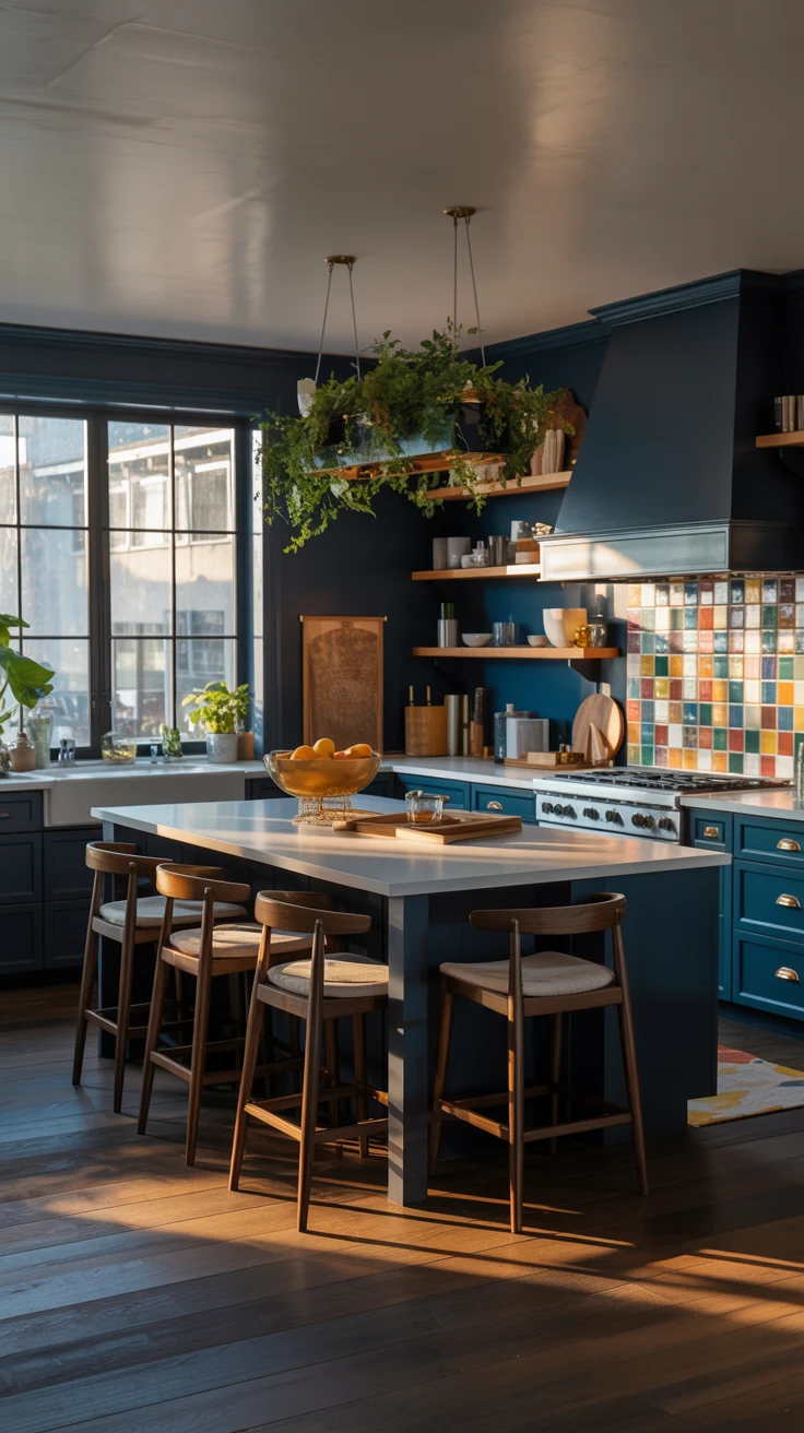 dark kitchen with dramatic cozy luxury styling