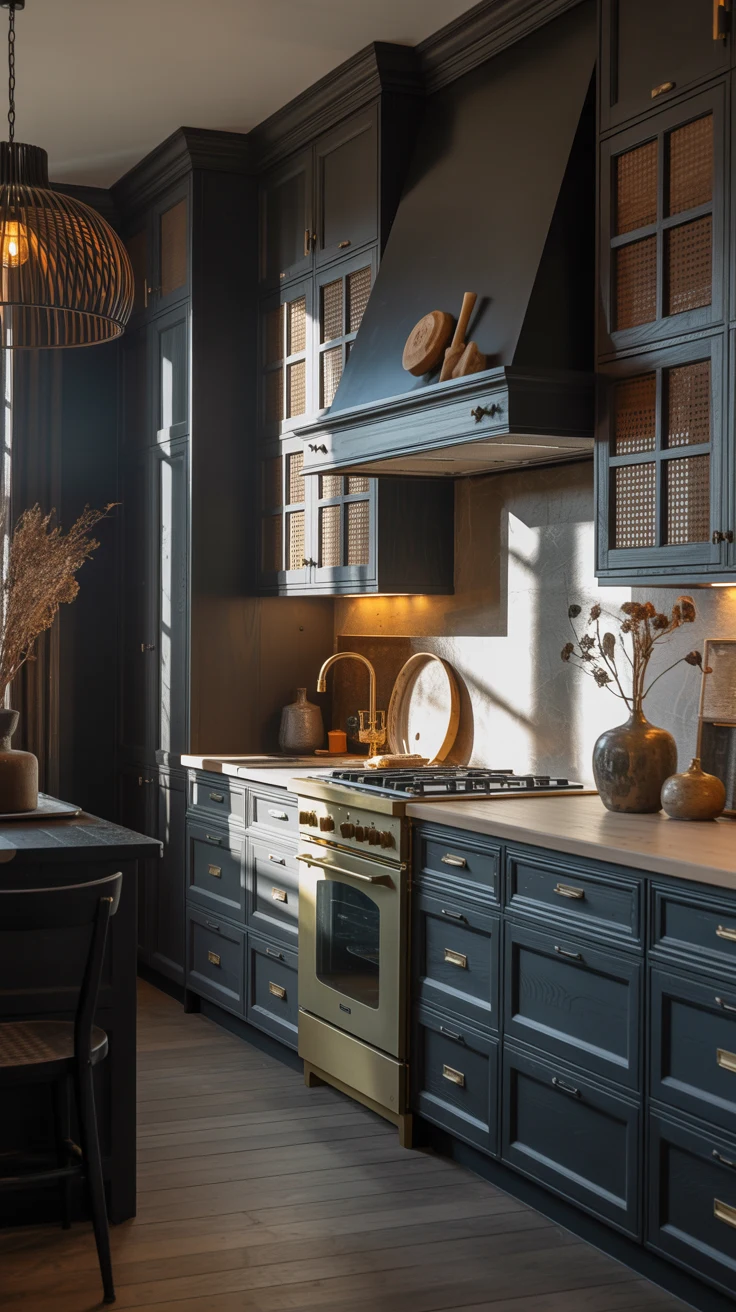 dark kitchen with dramatic cozy luxury styling
