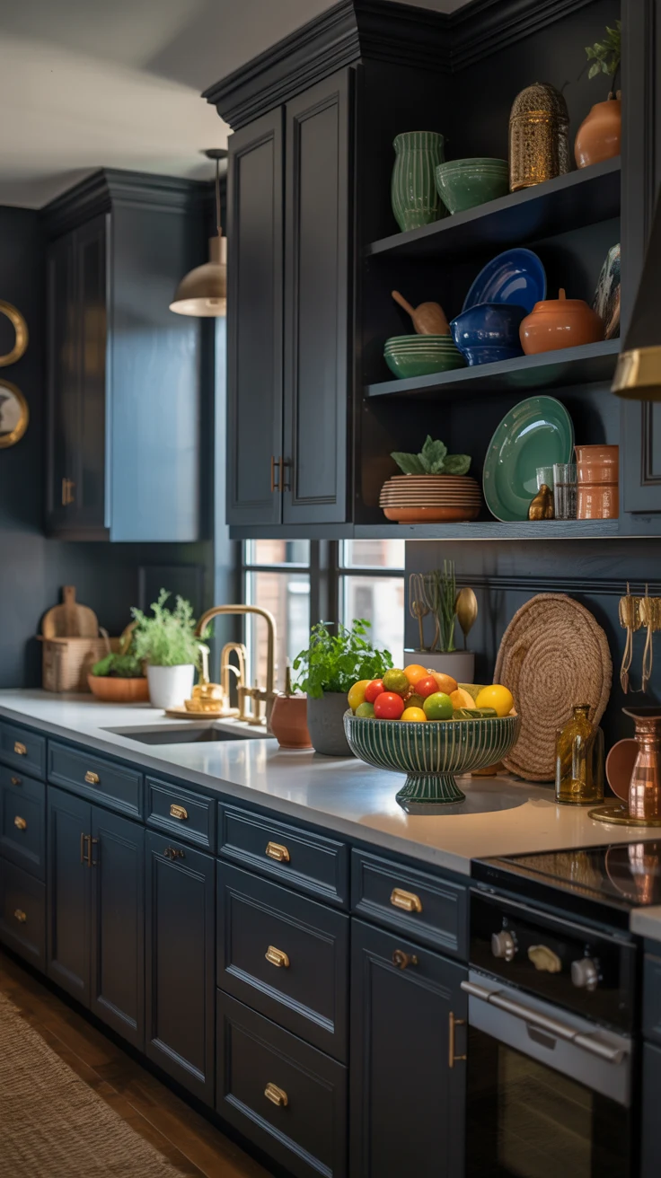 dark kitchen with dramatic cozy luxury styling