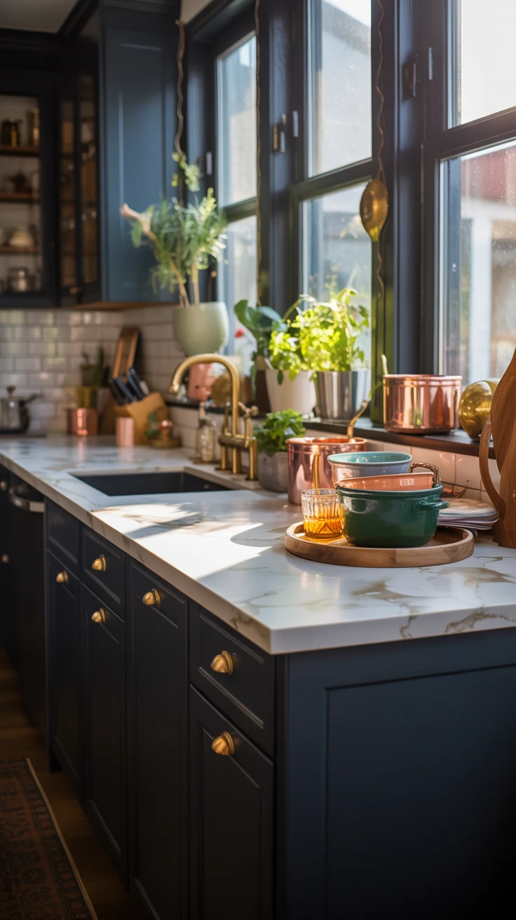 dark kitchen with dramatic cozy luxury styling