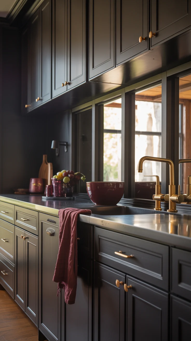 dark kitchen with dramatic cozy luxury styling