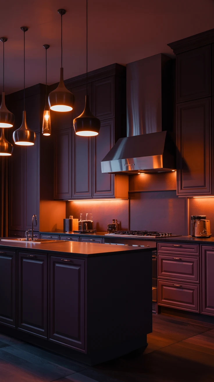 dark kitchen with dramatic cozy luxury styling