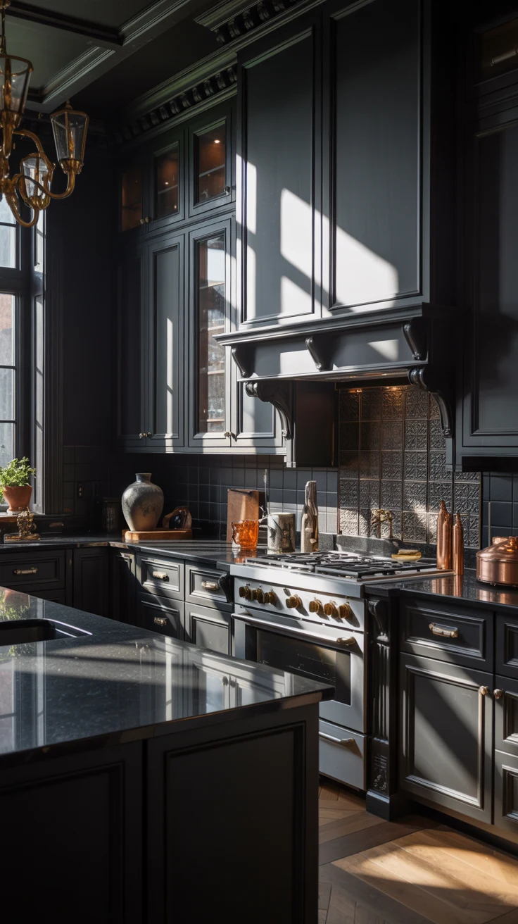 dark kitchen with dramatic cozy luxury styling