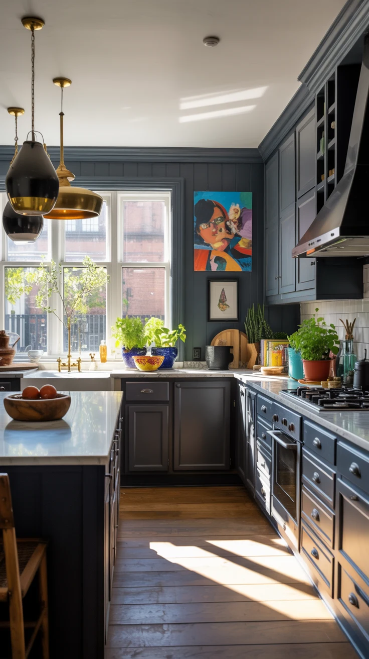 dark kitchen with dramatic cozy luxury styling