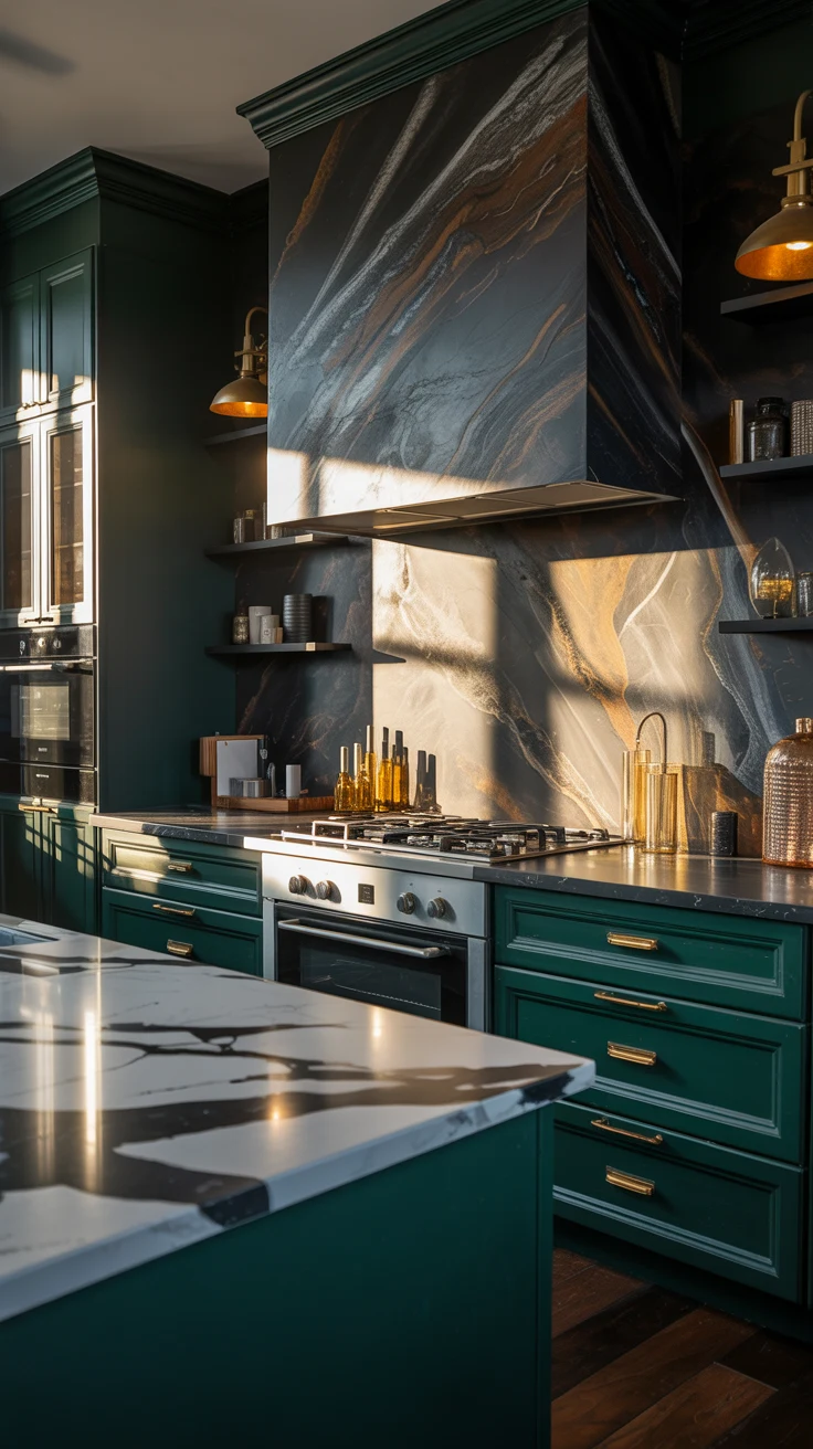 dark kitchen with dramatic cozy luxury styling