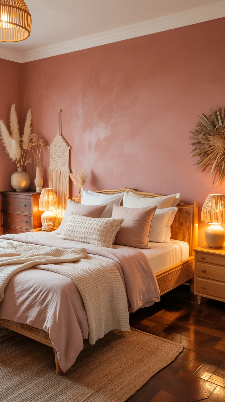 dusky pink bedroom with cozy textures