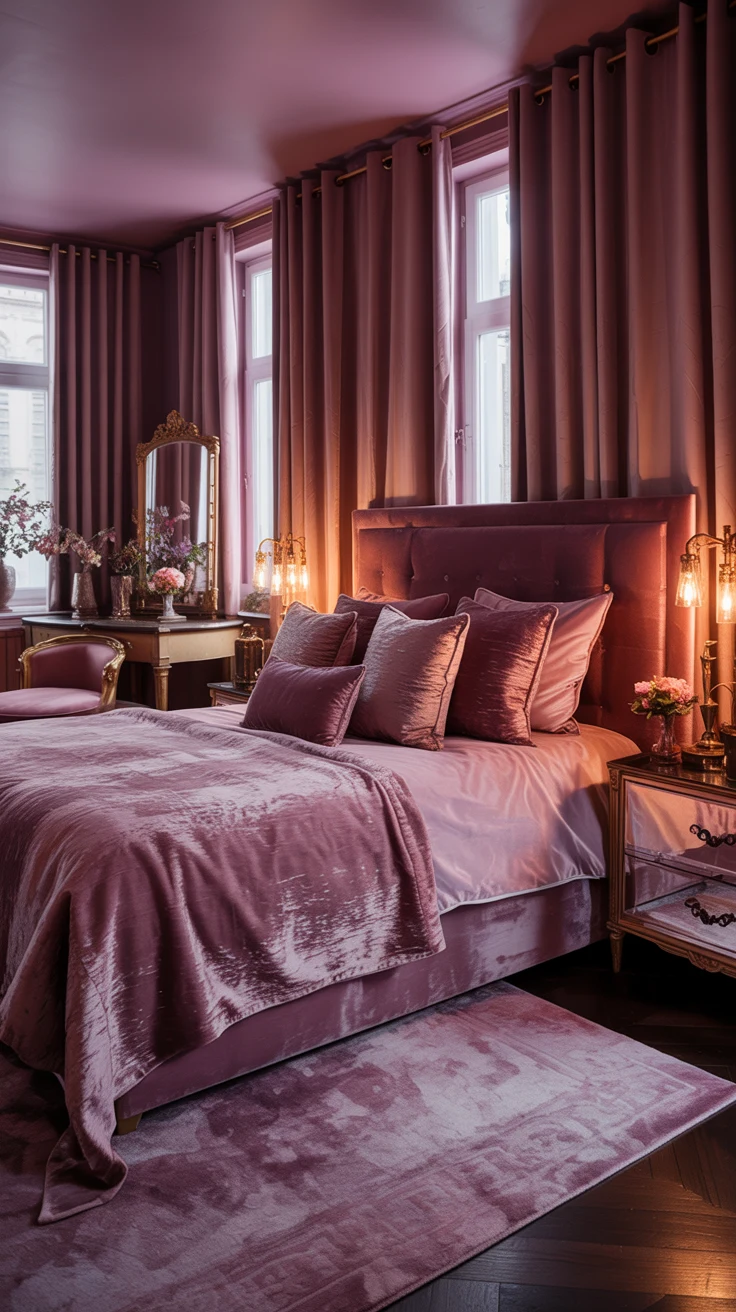 dusky pink bedroom with cozy textures