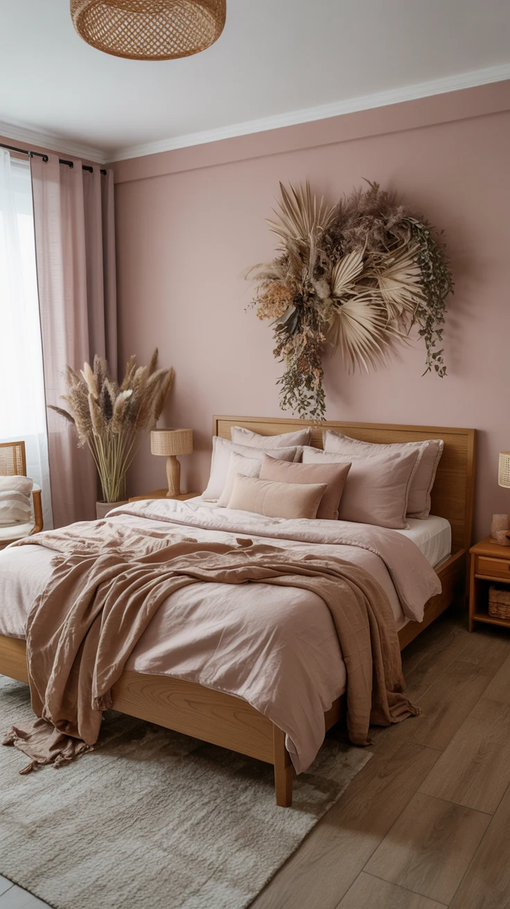 dusky pink bedroom with cozy textures
