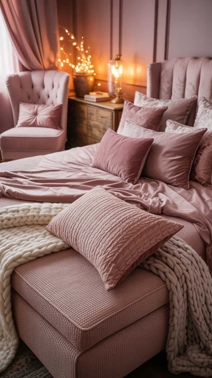 dusky pink bedroom with cozy textures