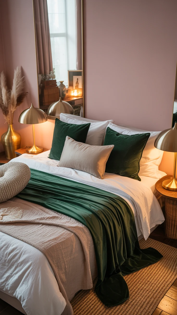 dusky pink bedroom with cozy textures