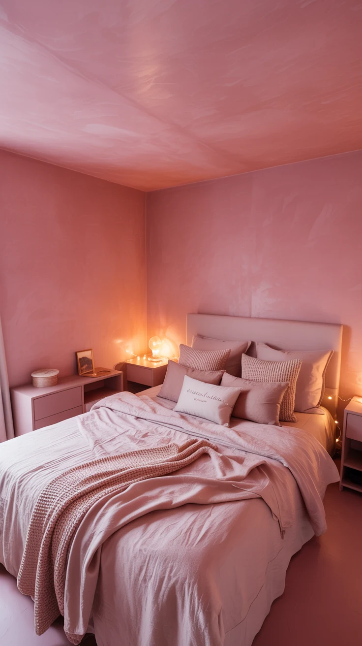dusky pink bedroom with cozy textures