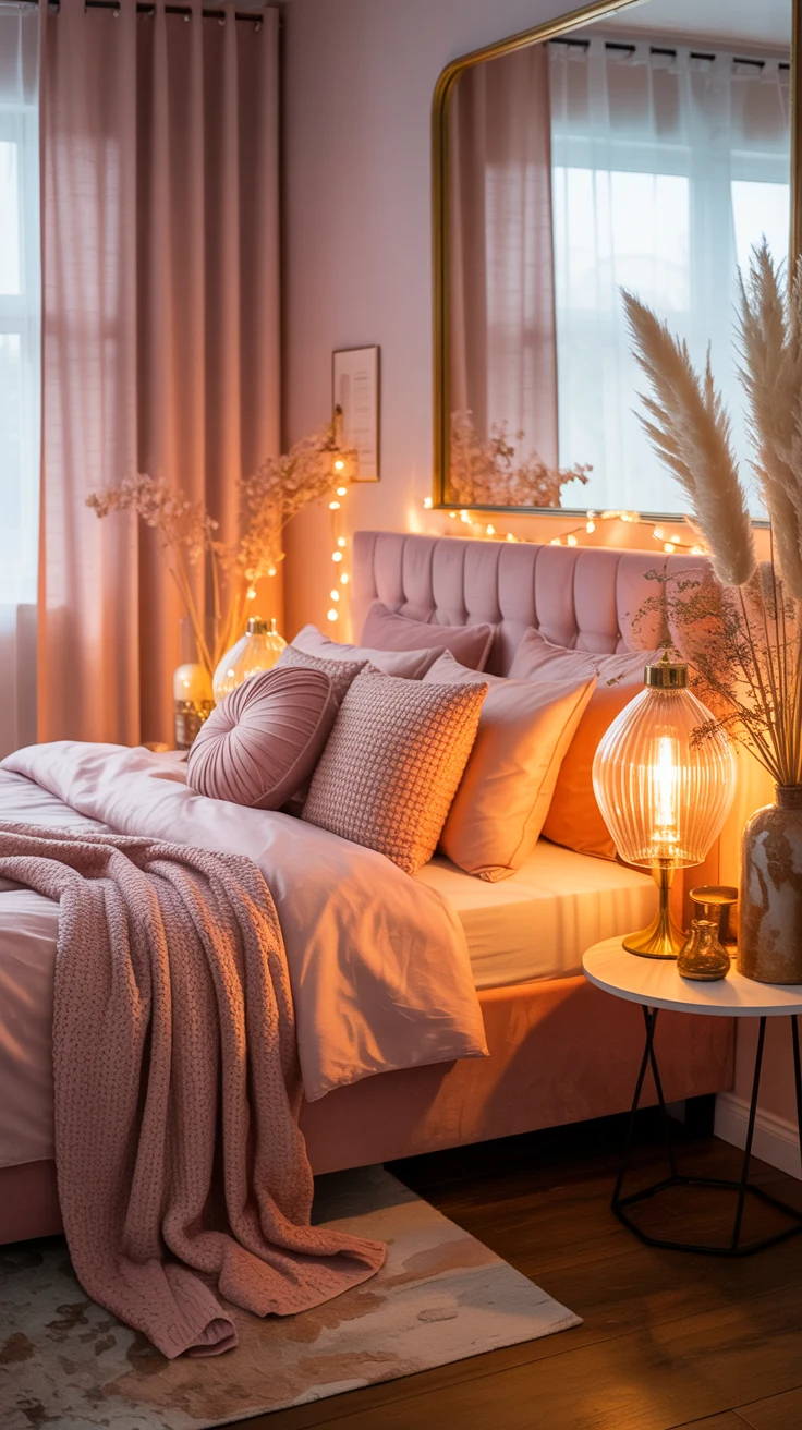 dusky pink bedroom with cozy textures