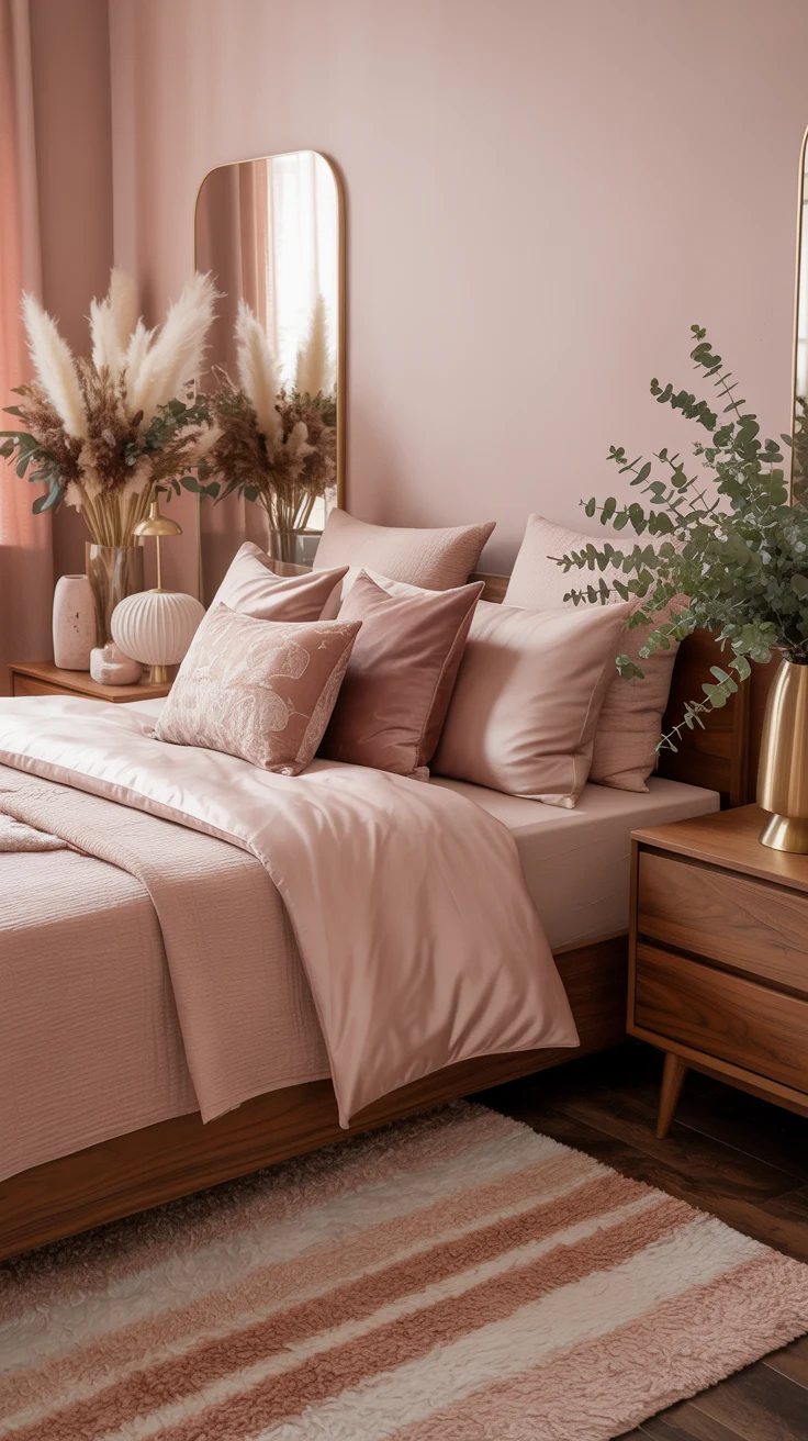 dusky pink bedroom with cozy textures