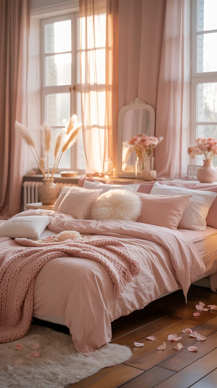 dusty pink bedroom with cozy textures and elegant decor