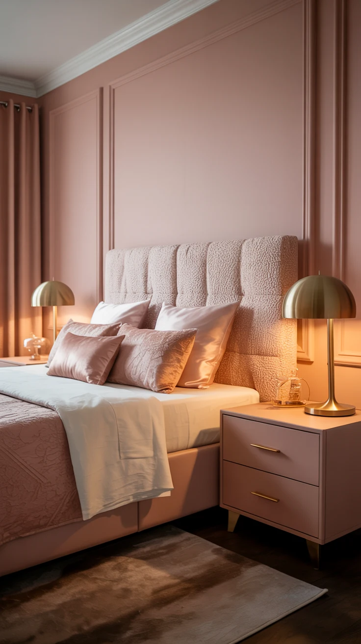 dusty pink bedroom with cozy textures and elegant decor