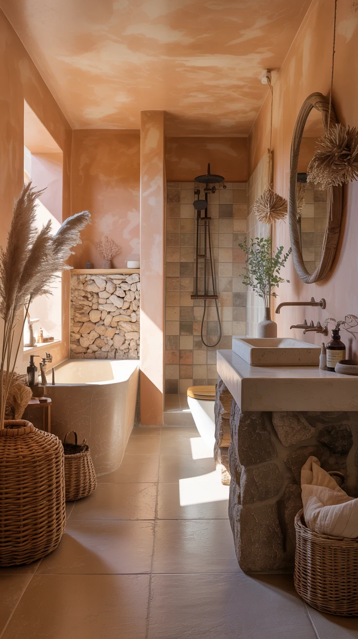 earthy bathroom with warm spa-inspired natural styling