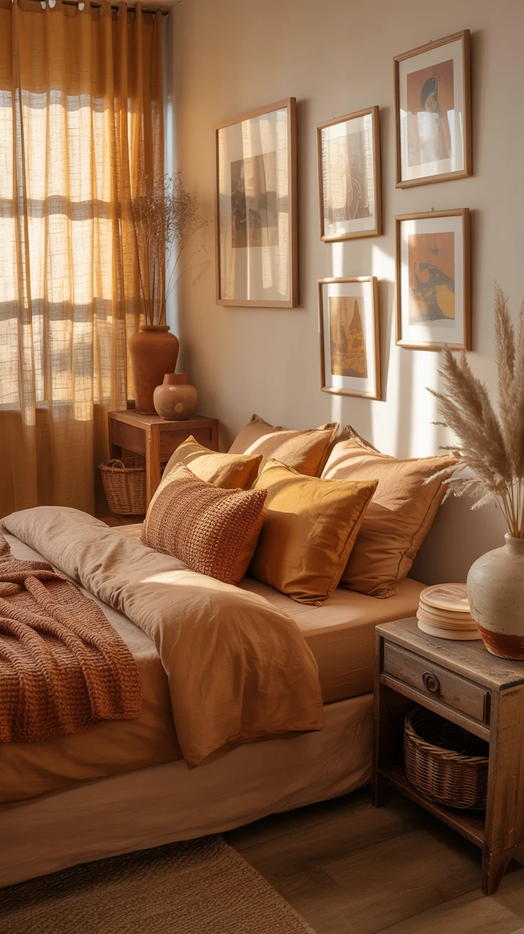 earthy bedroom with warm natural cozy styling 